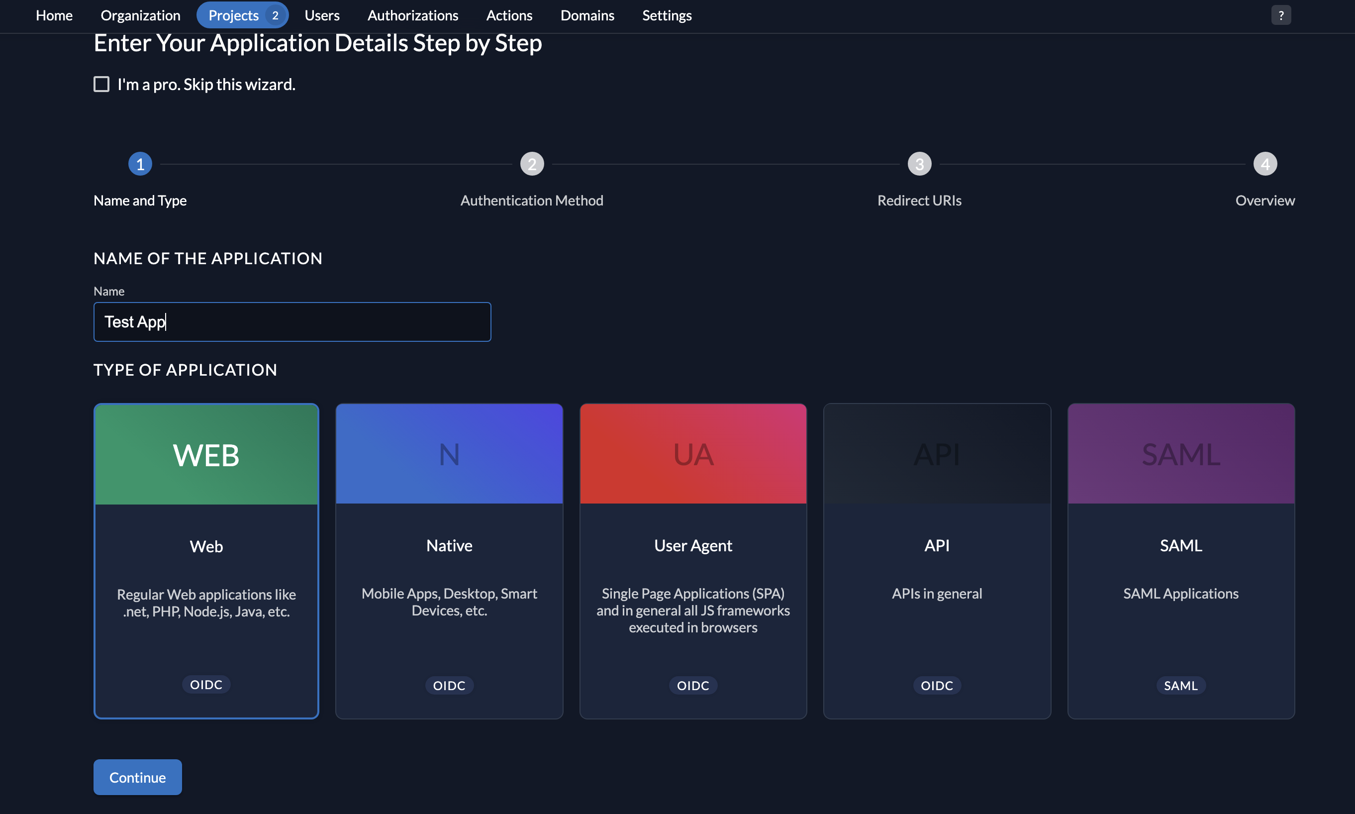 Create a Web Application in ZITADEL.