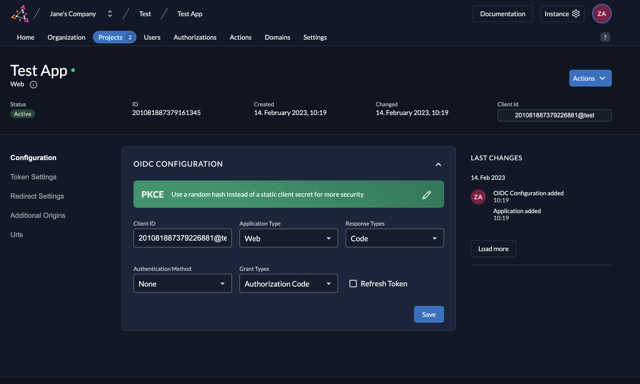 Create a Web Application in ZITADEL.